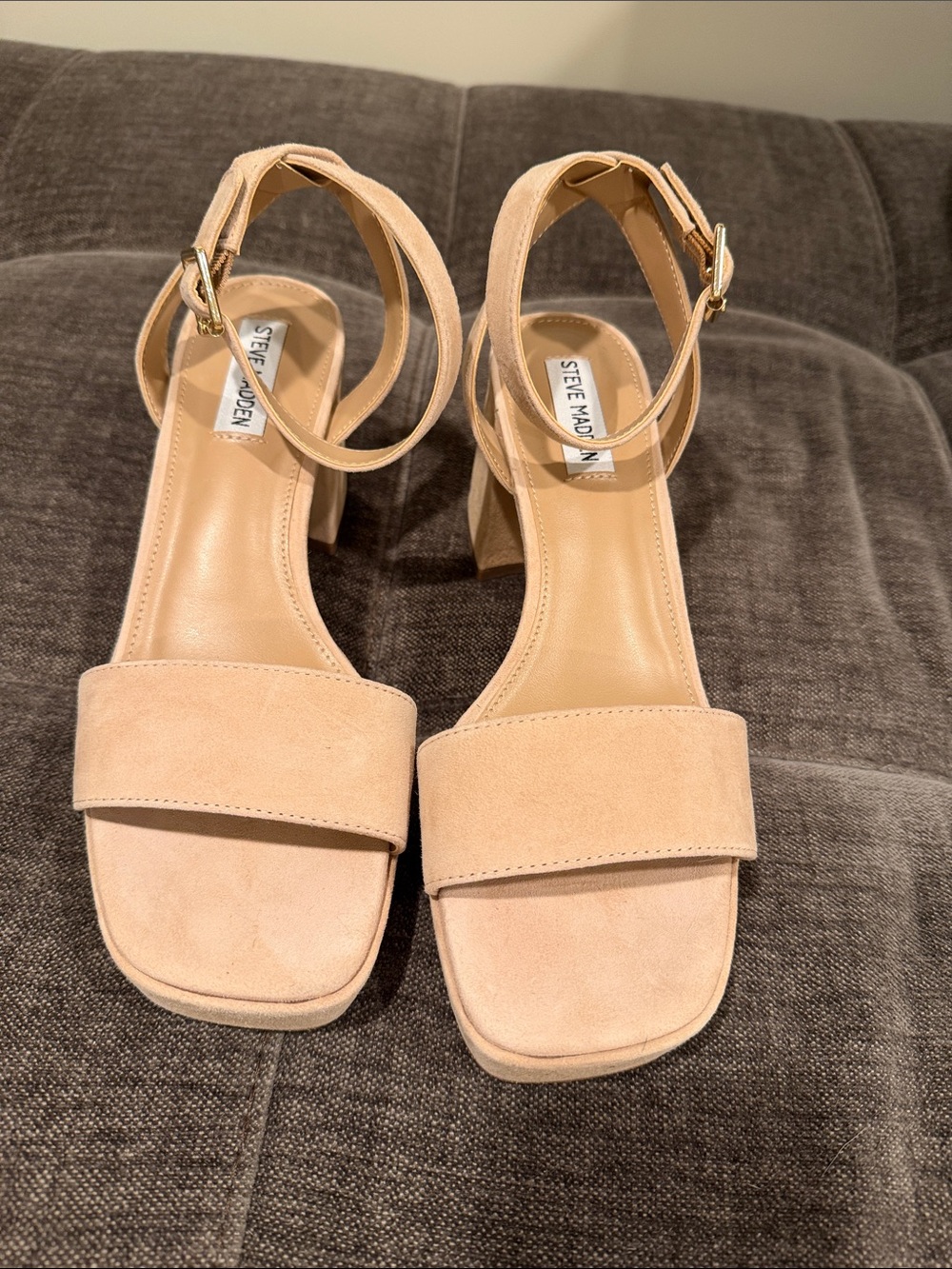 Steve Madden Nude Suede Ankle-Strap Block Heels